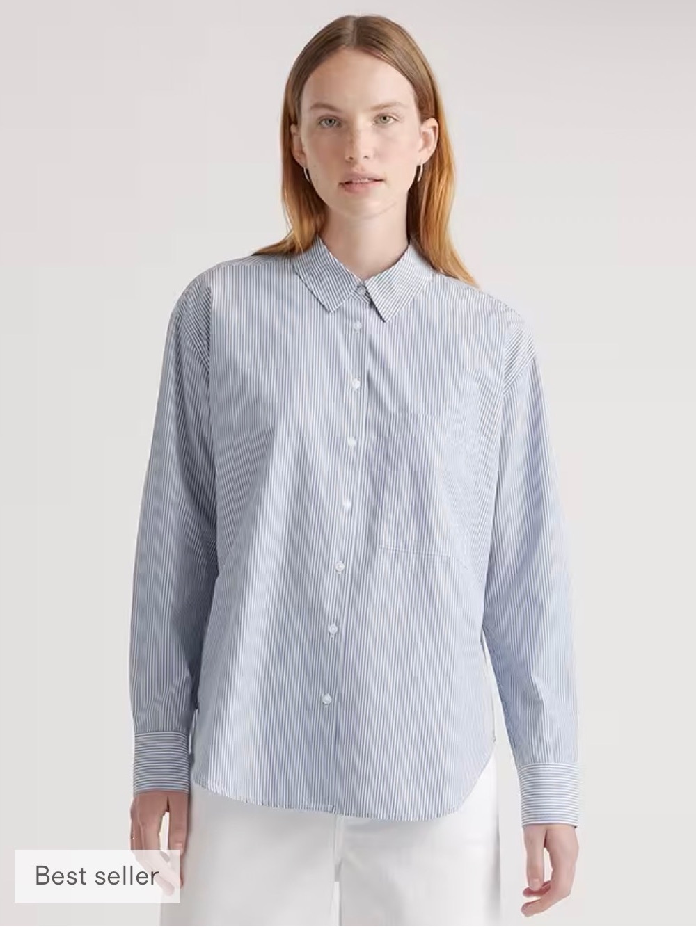 Quince 100% Organic Cotton Poplin Long Sleeve Boyfriend Shirt Light Blue Stripe